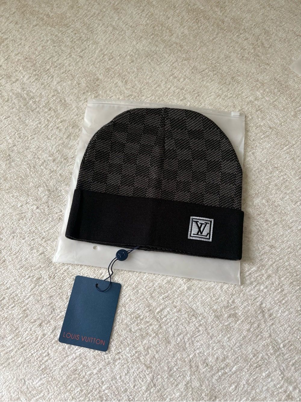 LV Black & Gray Checked Beanie